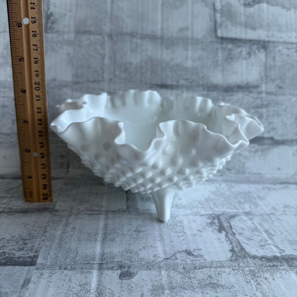 VTG Fenton White Hobnail Milk Glass Footed Ruffled Crimped Tabletop Bowl - Picture 7 of 8
